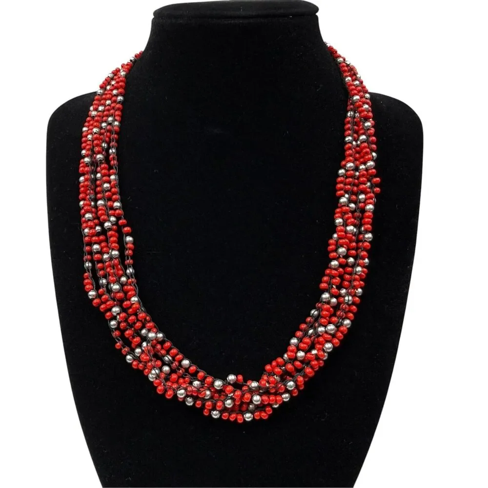 Multi-Strand Red & Silver Beaded Statement Necklace Fashion Jewelry 18